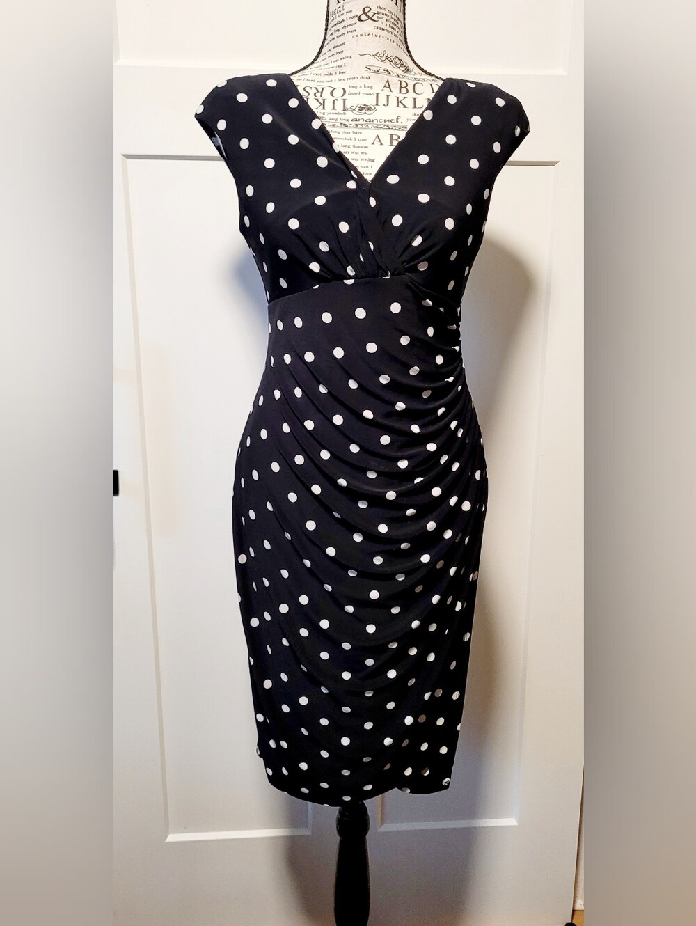 Ralph Lauren Polka Dot Ruched V-Neck Sheath Dress Sz 4P Black White Retro glam